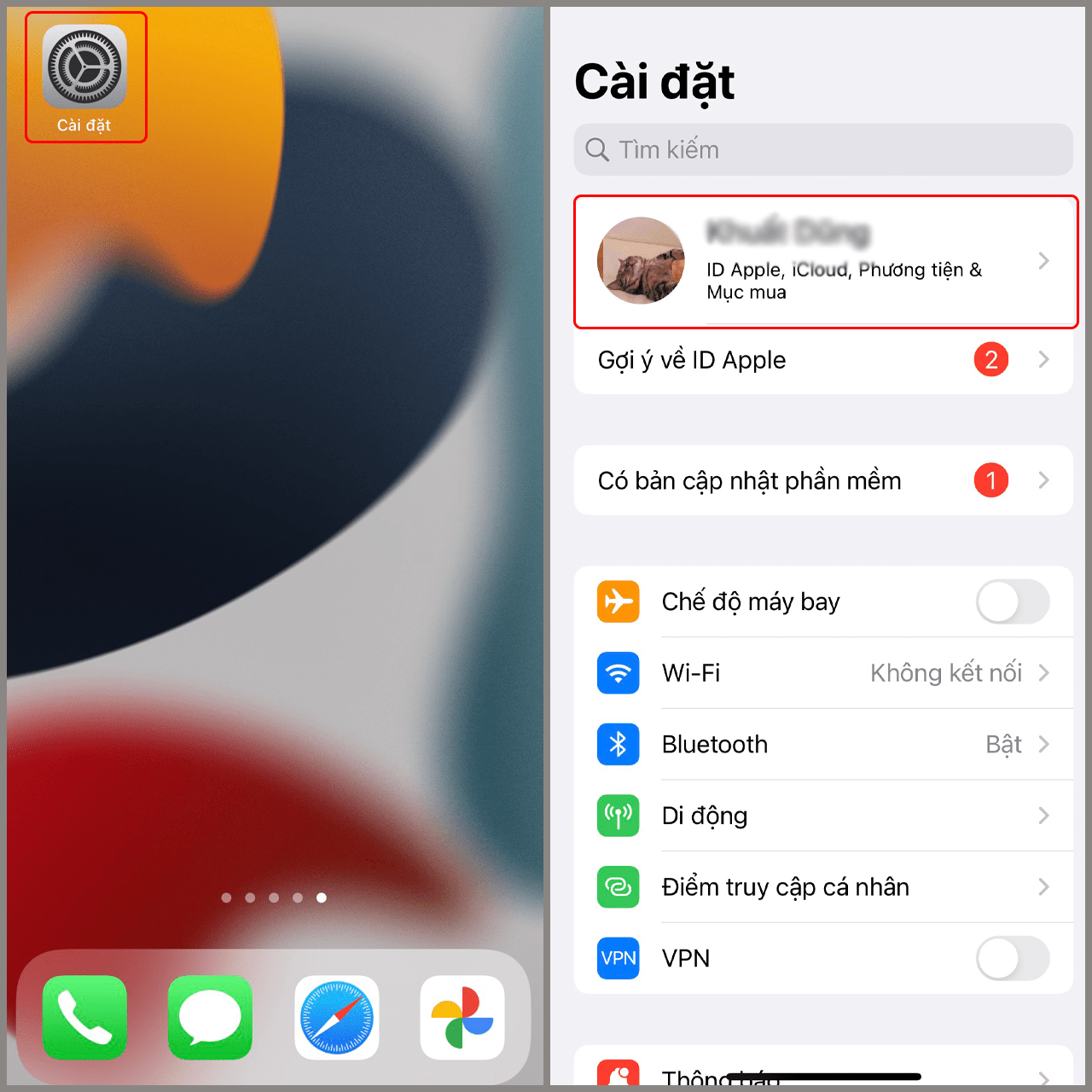 Vào Cài đặt iCloud