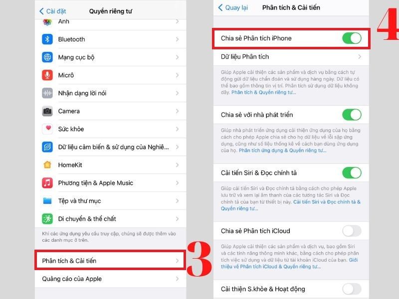 Chọn Chia sẻ Phân tích iPhone trong Phân tích & Cải tiến sau khi nhấn vào đó